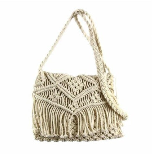 Macrame Shoulder Bag with Fringe - Cream - Rebel Vine Boutique