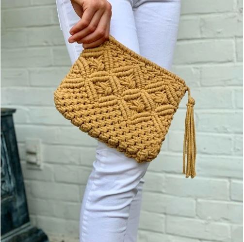 Macrame Clutch with Tassel - Tan - Rebel Vine Boutique