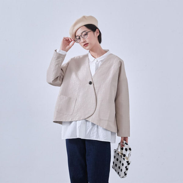 KNNJ355 Round-Hem Collarless Quilted-Style Jacket