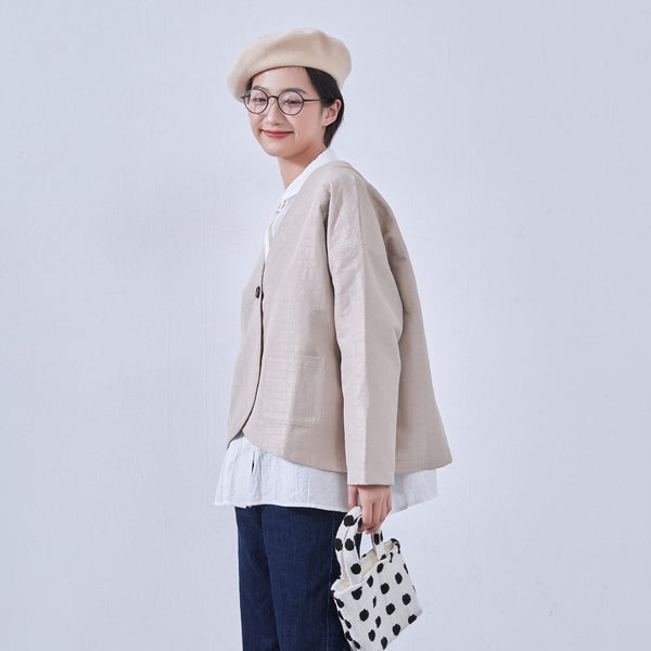 KNNJ355 Round-Hem Collarless Quilted-Style Jacket