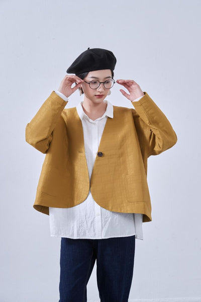 KNNJ355 Round-Hem Collarless Quilted-Style Jacket