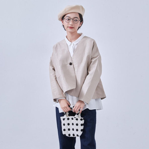 KNNJ355 Round-Hem Collarless Quilted-Style Jacket