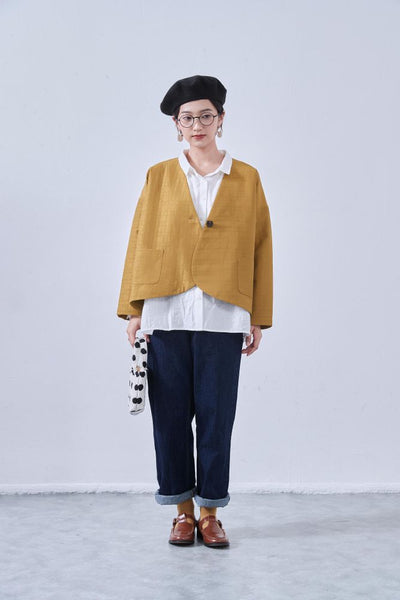 KNNJ355 Round-Hem Collarless Quilted-Style Jacket