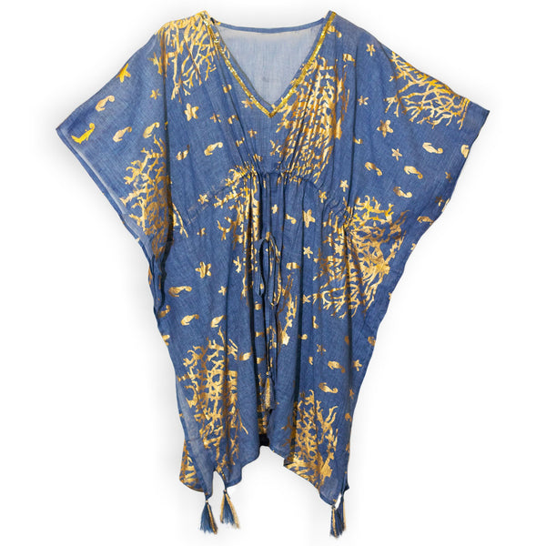 Nomad Sari Kaftan - Sea Blue & Gold Coral Design