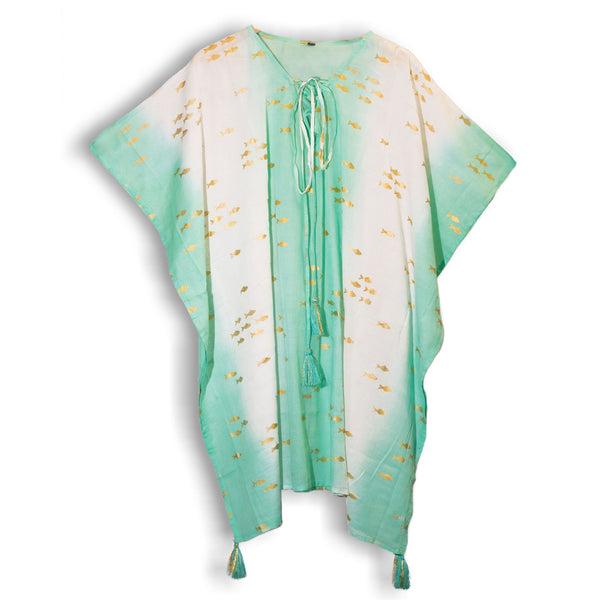 Nomad Sari Kaftan - White & Turquoise & Gold Fish Design