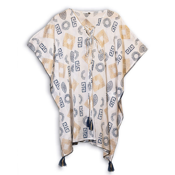 Nomad Sari Kaftan - Gold & Blue Greek Motiff - Handpainted