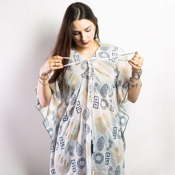 Nomad Sari Kaftan - Gold & Blue Greek Motiff - Handpainted