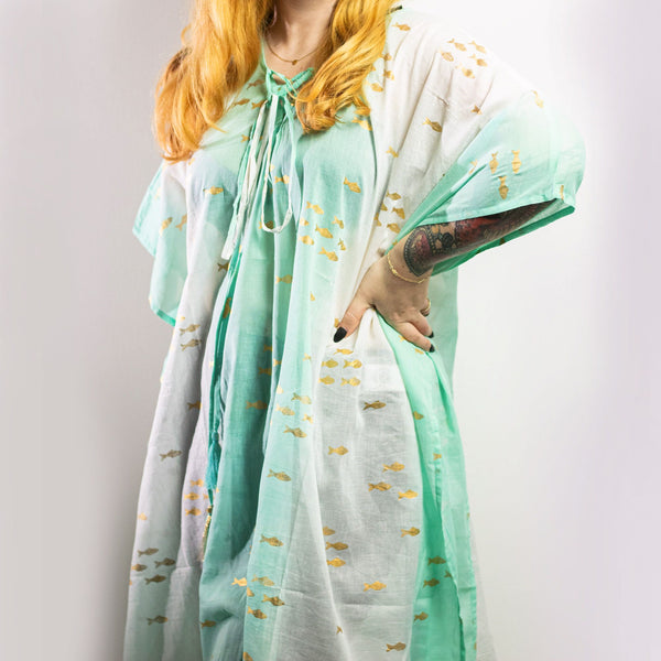 Nomad Sari Kaftan - White & Turquoise & Gold Fish Design