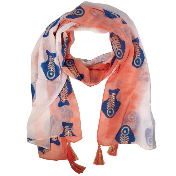 Nomad Sari - Summer Scarf - 180x50cm - Aqua Fish - Coral