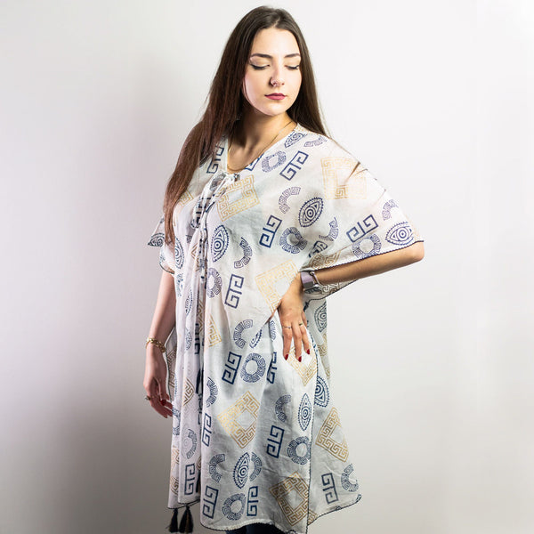 Nomad Sari Kaftan - Gold & Blue Greek Motiff - Handpainted